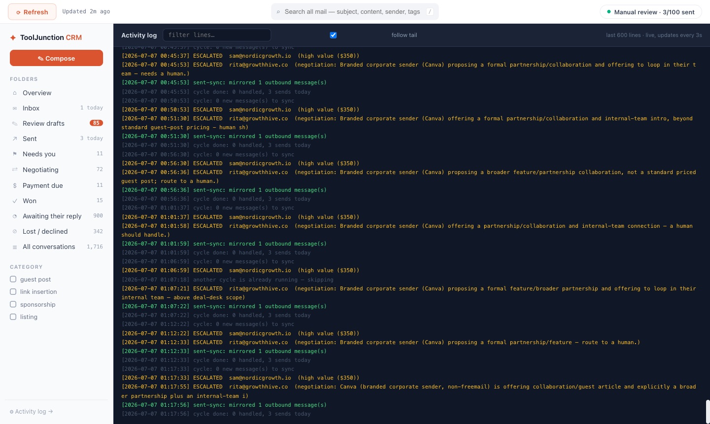 Live activity log showing the same two threads being escalated every five minutes