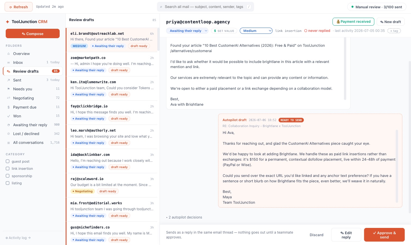 Thread view: buyer inquiry with an AI draft marked READY TO SEND and Approve, Edit and Discard actions